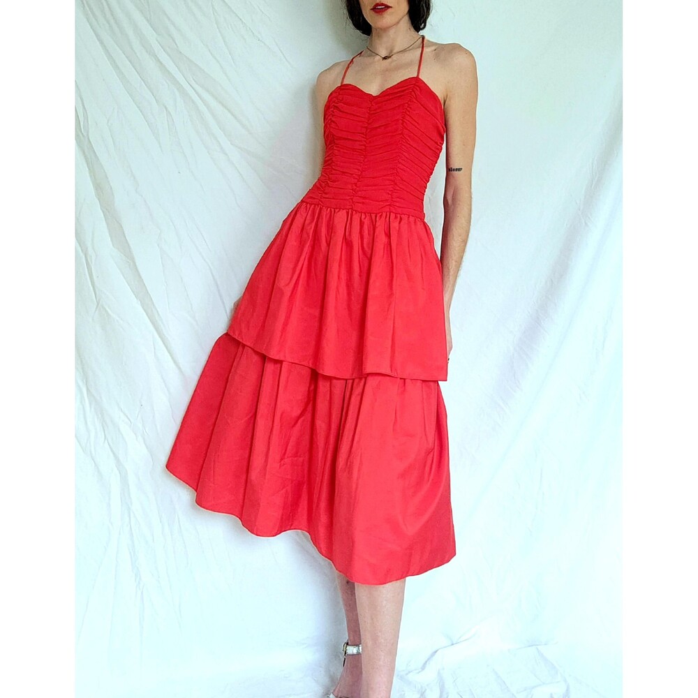 1970s Vintage Joy Stevens Ruched Red Party Dress: Sleeveless Tiered Midi Dress
